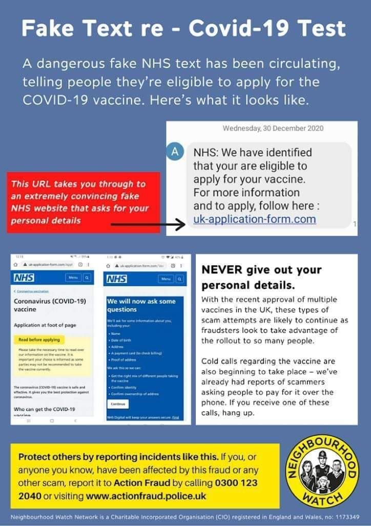 Please be aware that there are scam texts asking you to book a vaccine, click here to find out what the scams look like Please be aware that there are scam texts asking you to book a vaccine, click here to find out what the scams look like